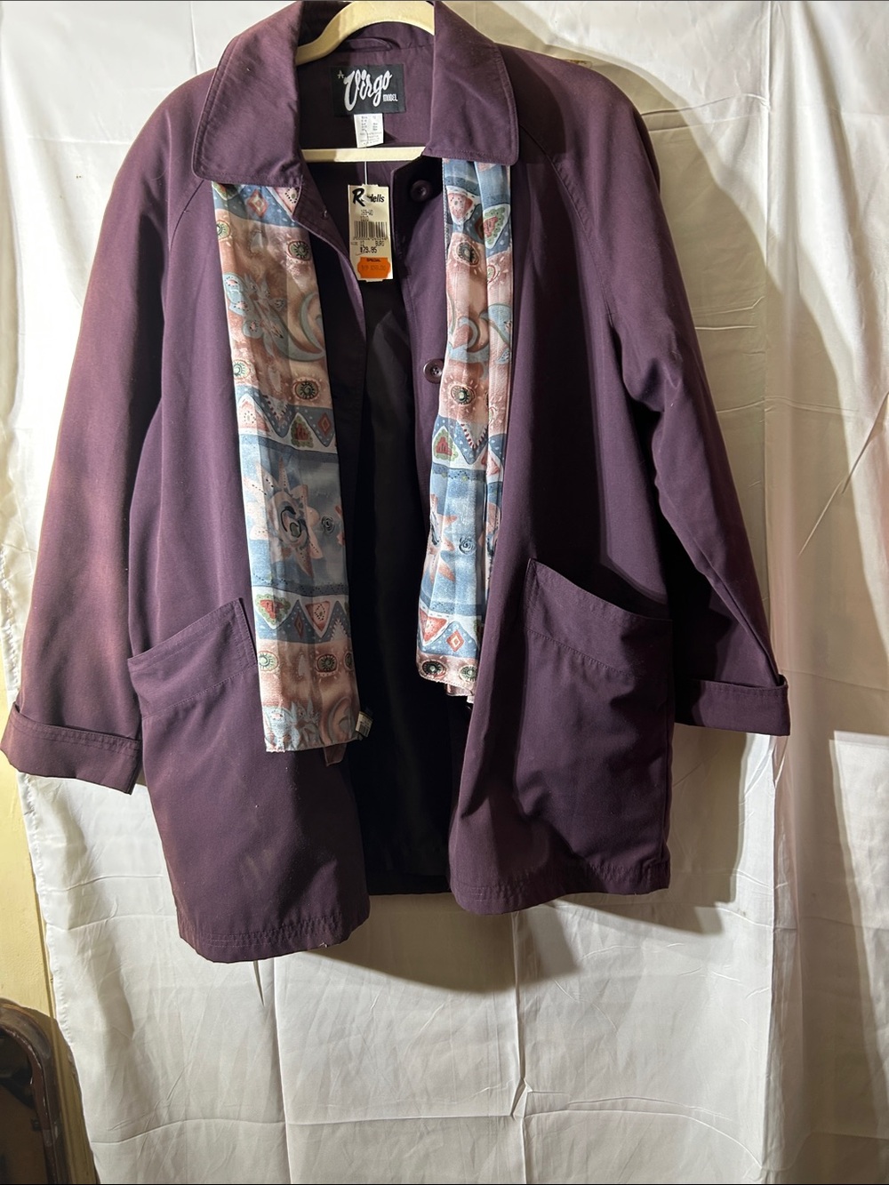 Virgo Plum Trench Coat with Paisley-Print Scarf Accent